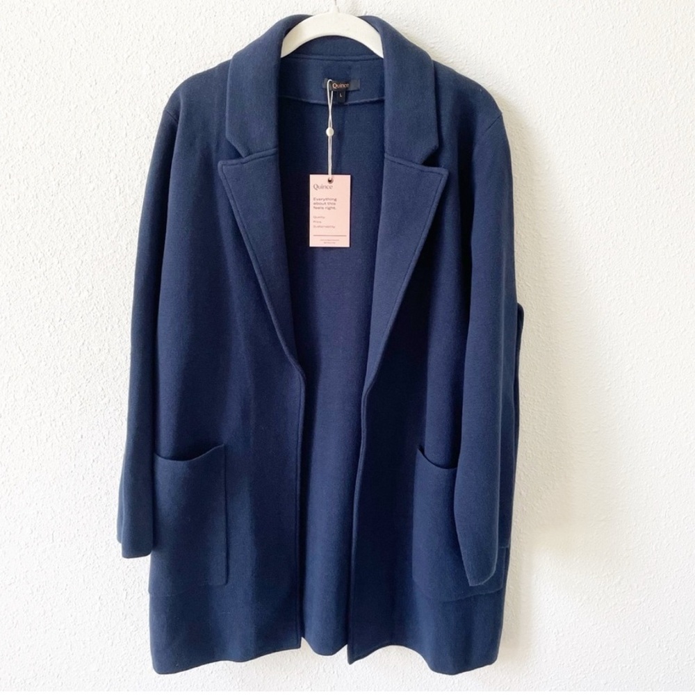 Quince 100% Organic Cotton Knit Blazer Navy Blue Size Large Minimalist Neutral